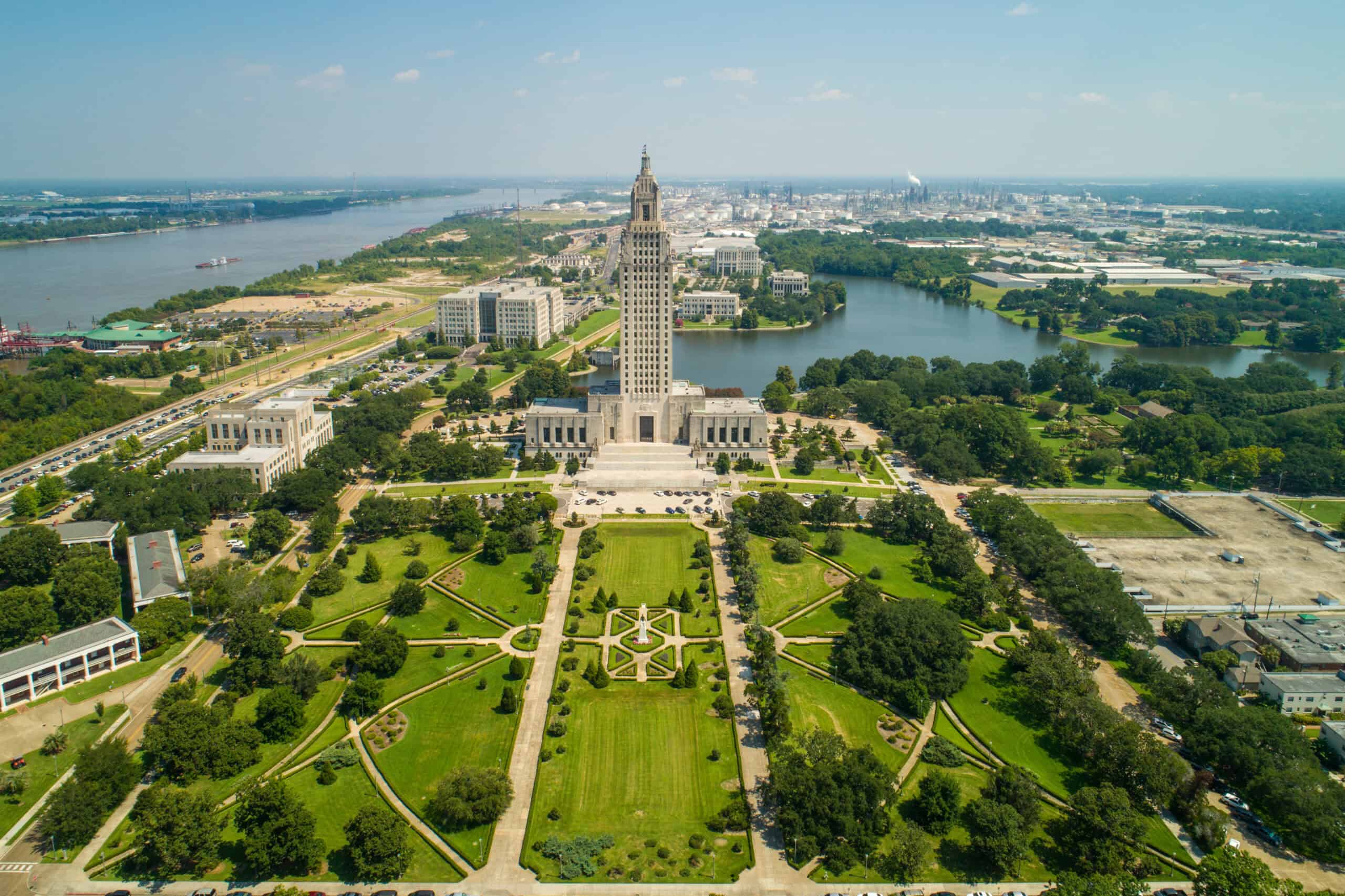Aerial view of the capitol building in Baton Rouge, Louisiana