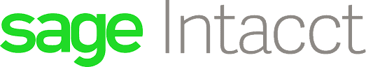 Sage Intacct logo featuring 'sage' in green and 'Intacct' in gray on a white background, emphasizing technology expertise.